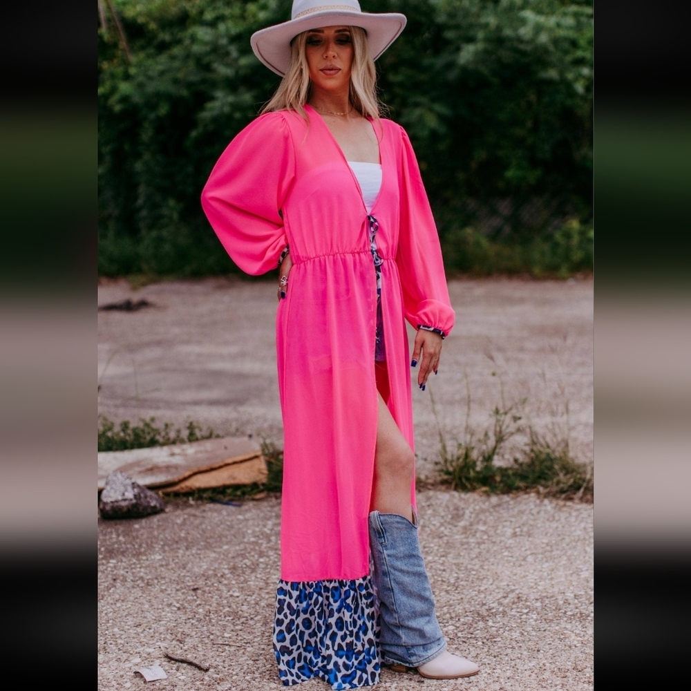 NWT Western Pink Chiffon Duster Dress Cardigan with Leopard Print Ruffle Hem - Picture 2 of 6